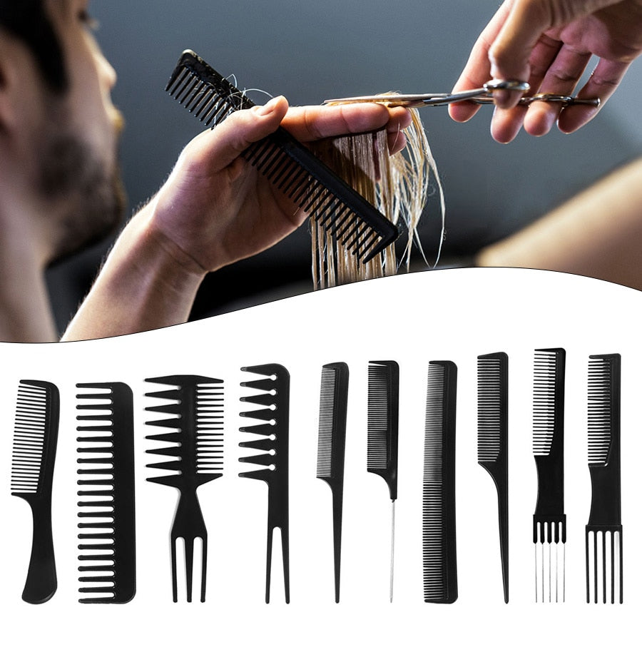 10 pieces Black Professional Combs Hair Salon Hair Styling Barbers Comb Set Kit Rat Tail Comb