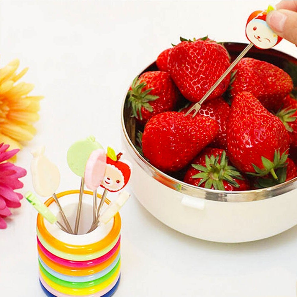 Fruit Fork Food Picks Cartoon Plastic Fruit Dessert Fork (1 holder and 8 forks)