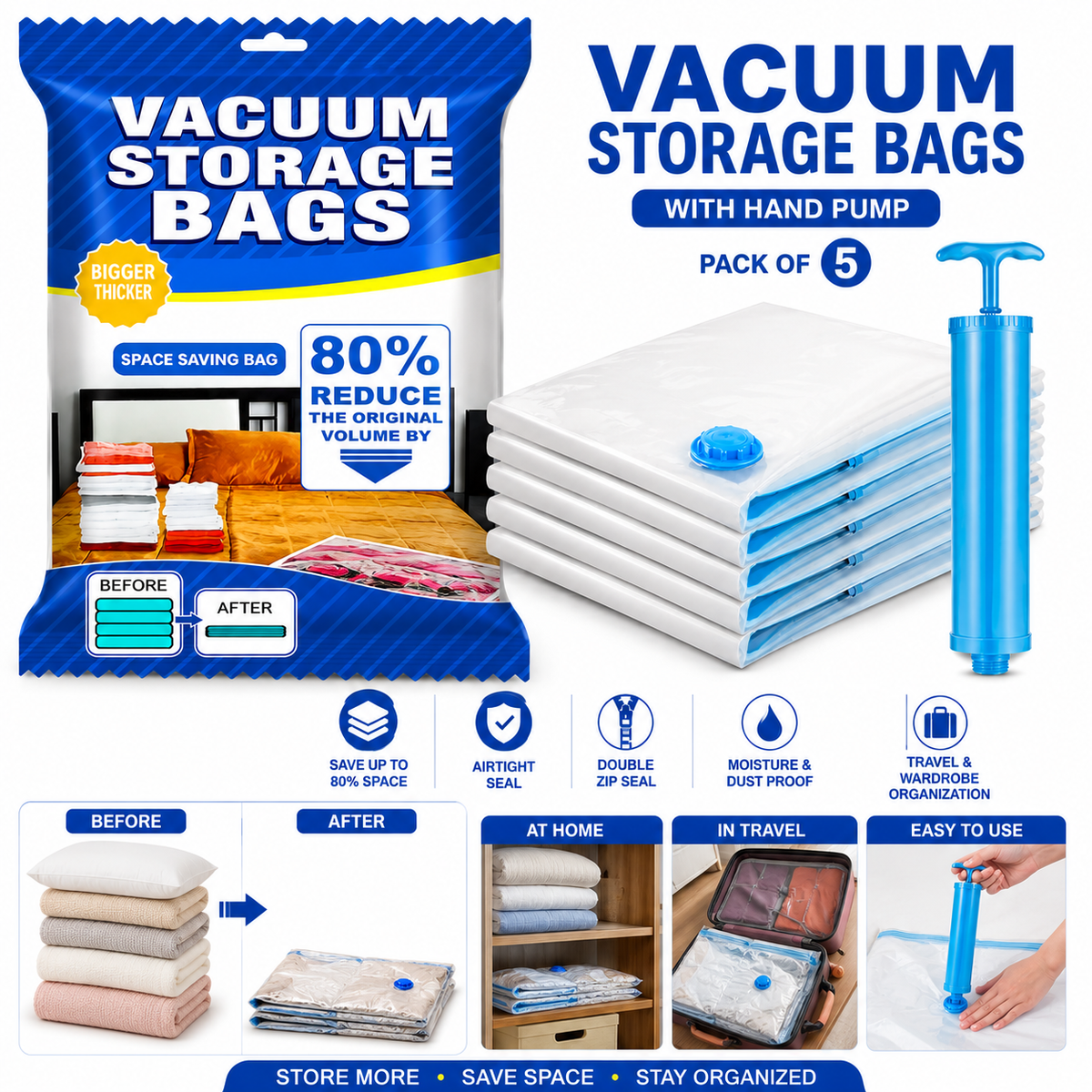 |FREE DELIVERY| Vacuum Storage Bags with Hand Pump – 5 Pack
