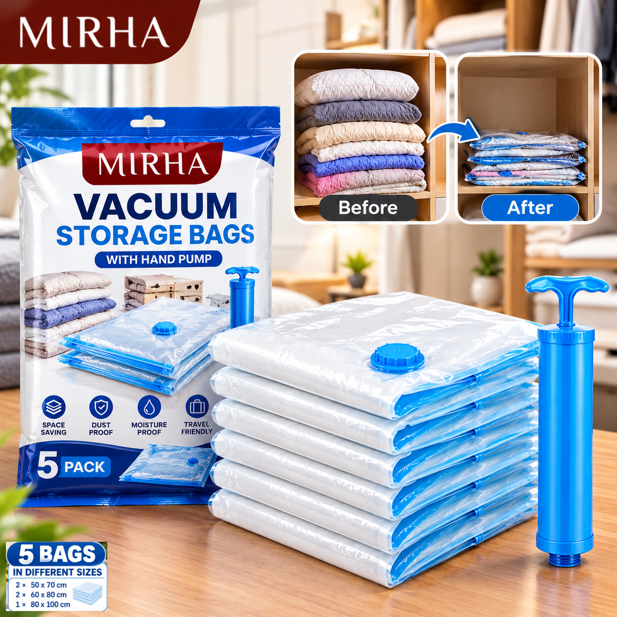 |FREE DELIVERY| Vacuum Storage Bags with Hand Pump – 5 Pack