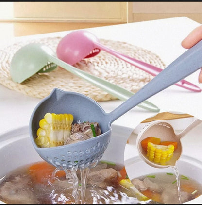 (Pack of 2) 2 In 1 Long Handle Soup Spoon Home Strainer Cooking Colander Kitchen Scoop Plastic Ladle Tableware Sifter