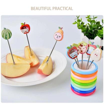 Fruit Fork Food Picks Cartoon Plastic Fruit Dessert Fork (1 holder and 8 forks)
