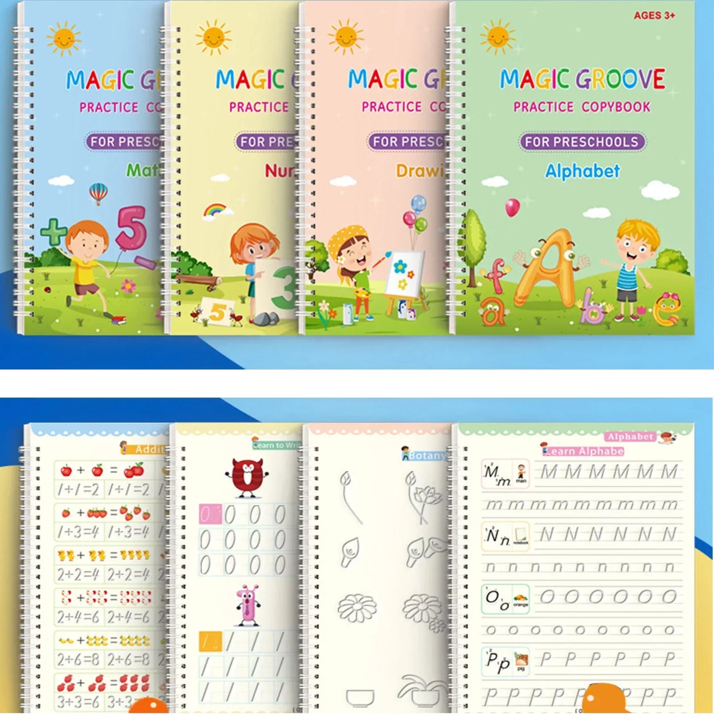 (pack of 4) Magic Practice Copybook for Kids, Children Reusable Handwriting Practice Copy Books for Preschools Magic Workbook Letter Writing Book